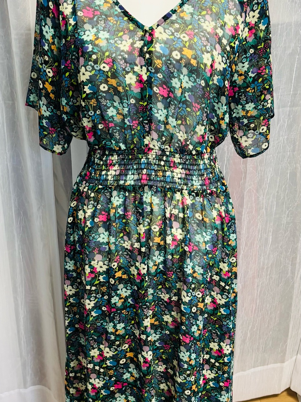 CAbi Black Multi Floral V-Neck Smocked-Waist Midi Dress